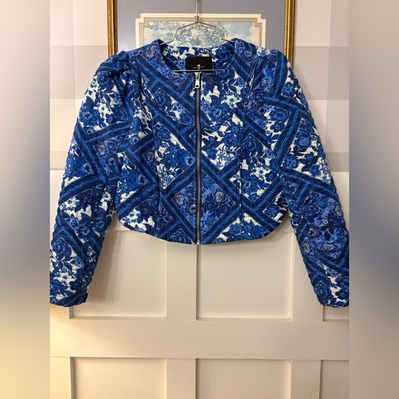 7 For All Mankind Blue Patterned Quilted Jacket Size Small - Picture 2 of 7